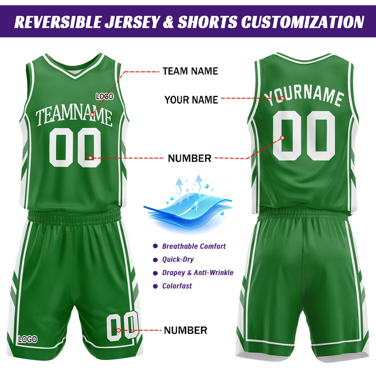 Custom White & Green Reversible Basketball Uniform Set | Personalized Name Number Sports Jersey Shorts Kit