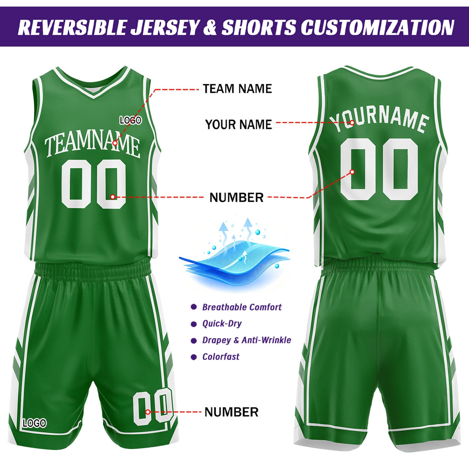 Custom White & Green Reversible Basketball Uniform Set | Personalized Name Number Sports Jersey Shorts Kit