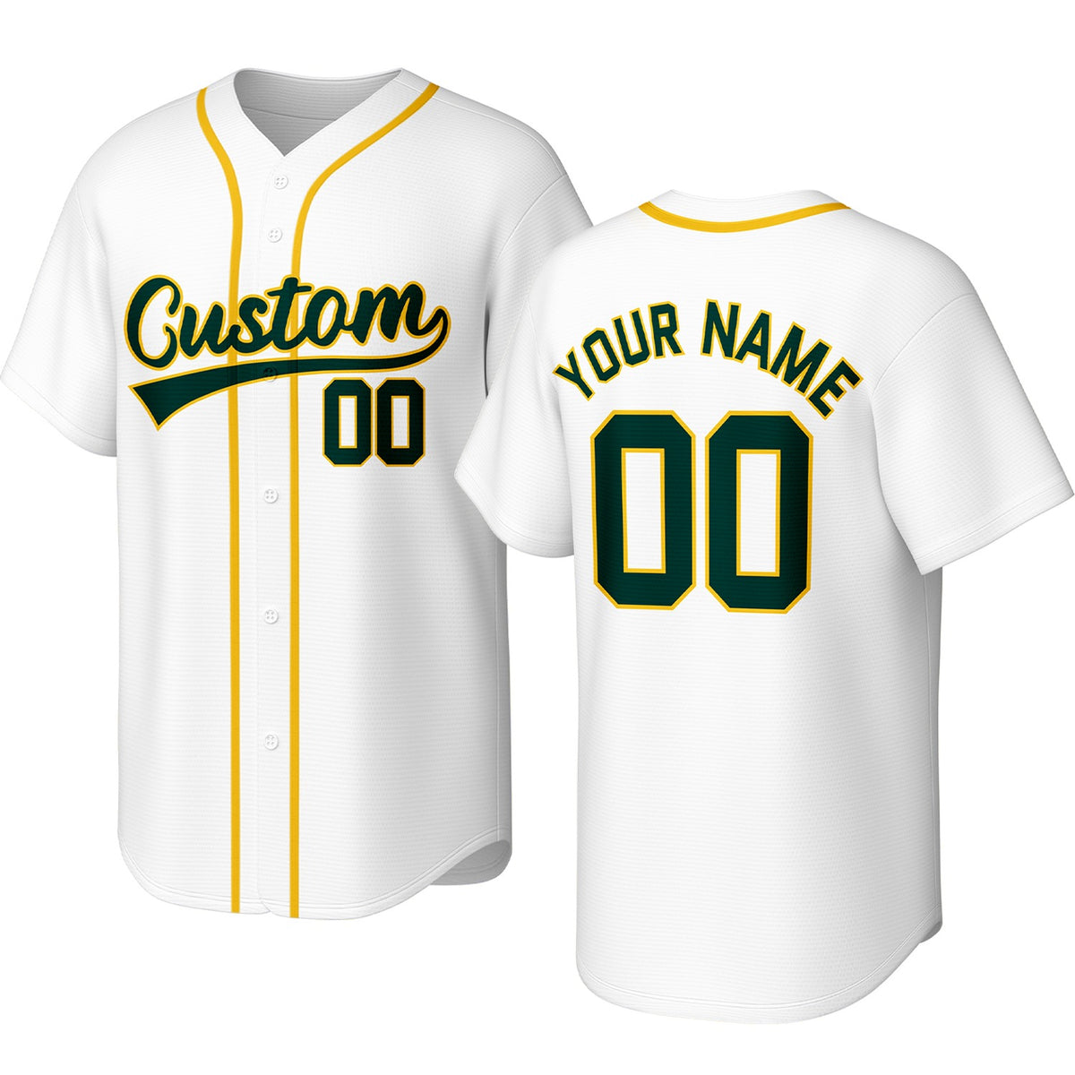 Custom white, green &amp; yellow baseball jersey with logo, personalized name &amp; number, button-front short-sleeve sports uniform for team men women youth game practice - Vosoli