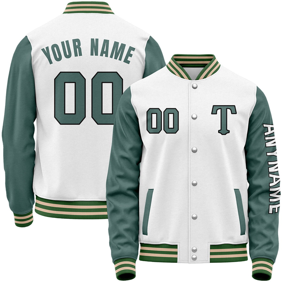 Custom white and green youth baseball jacket for teams by Vosoli with stitched name, number and logo. Classic varsity jacket for baseball and casual wear.