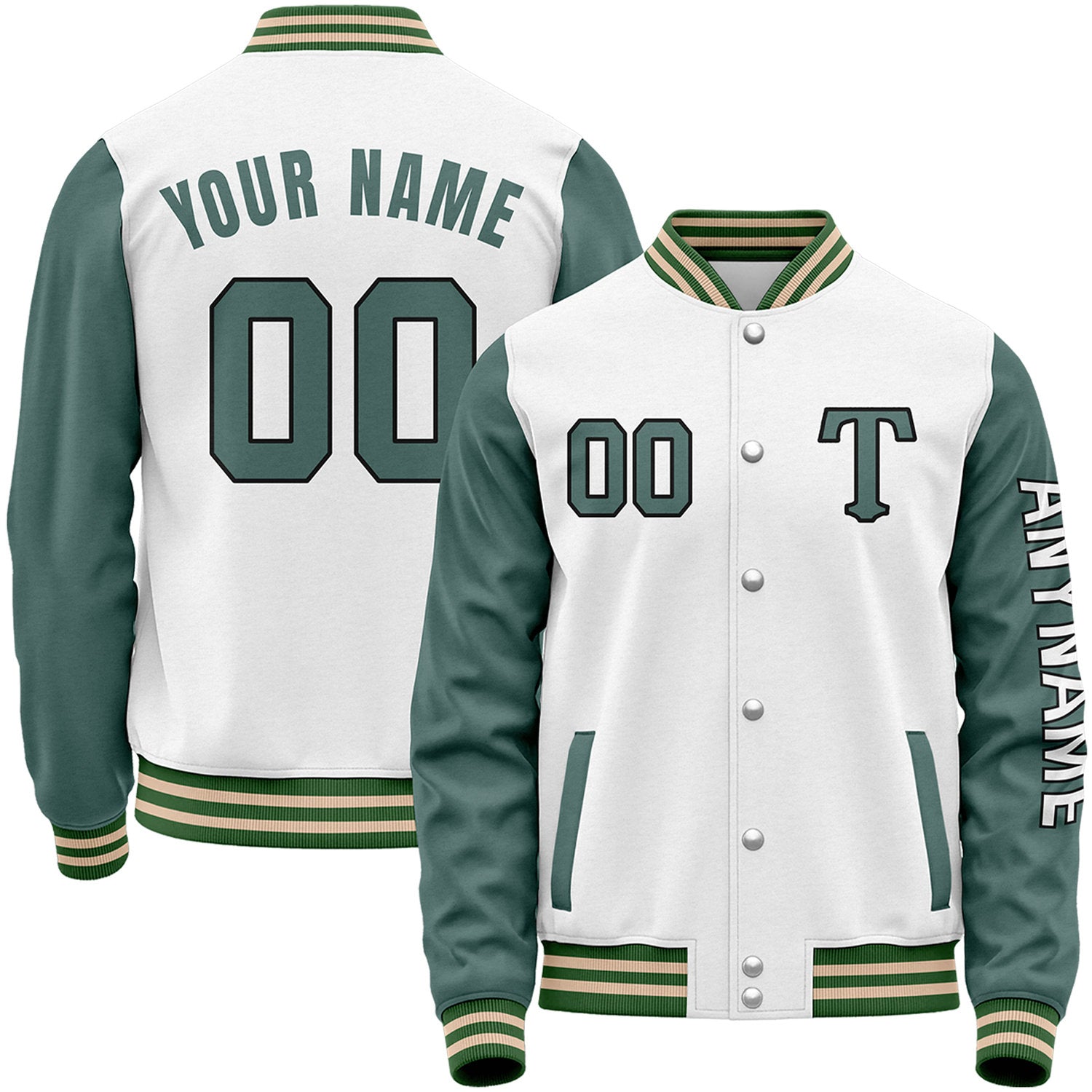 Custom white and green youth baseball jacket for teams by Vosoli with stitched name, number and logo. Classic varsity jacket for baseball and casual wear.