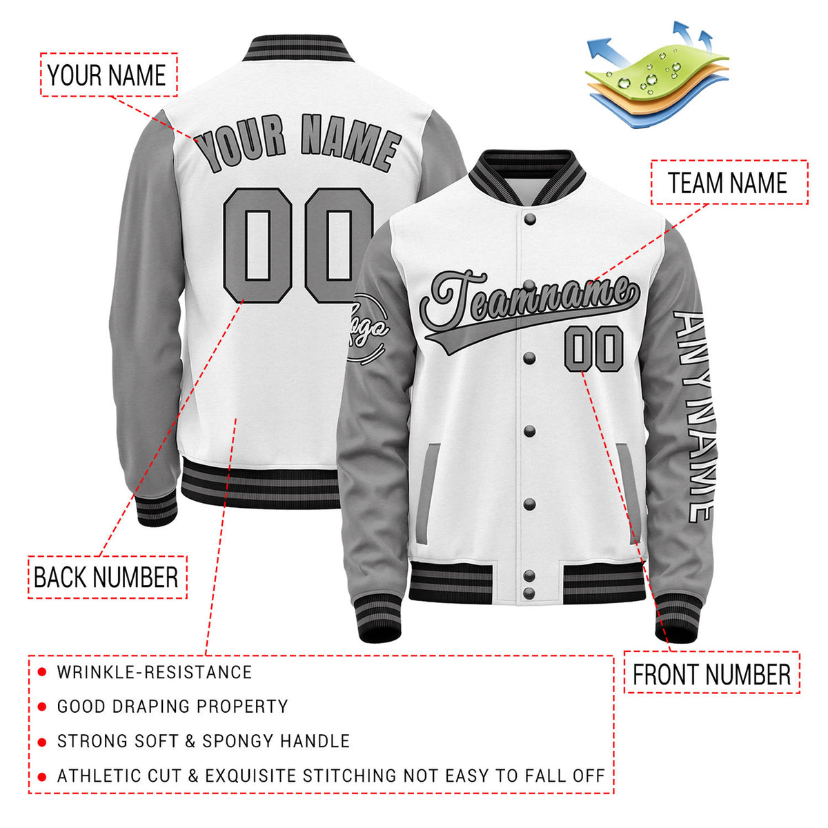 Custom White & Grey Two Tone Varsity Letterman Jacket | Personalized Stitched Team Name Number Outerwear