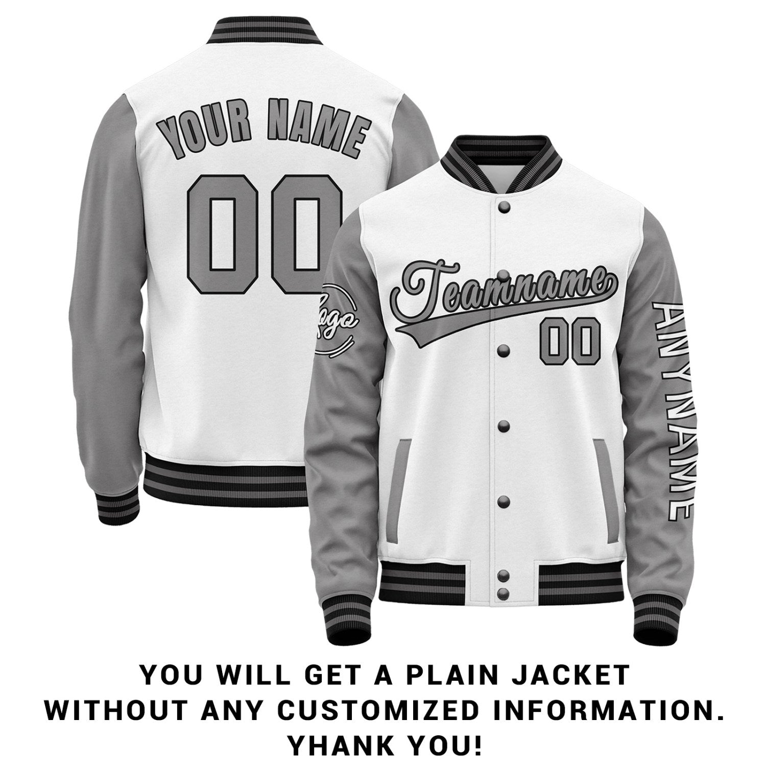 Custom White & Grey Two Tone Varsity Letterman Jacket | Personalized Stitched Team Name Number Outerwear