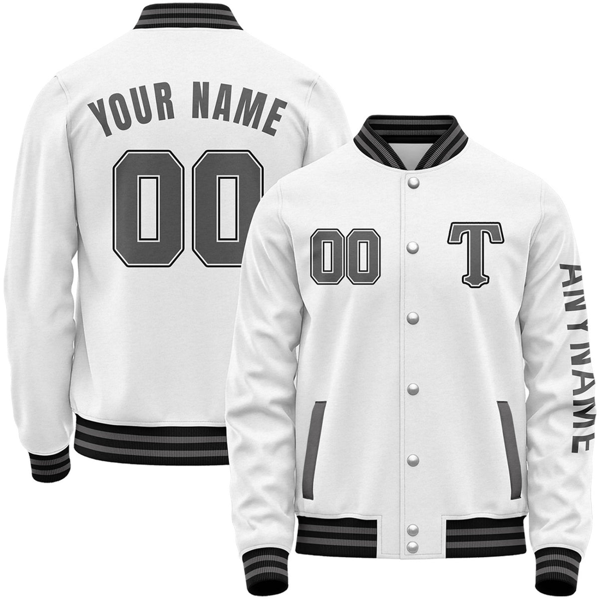 Custom white and grey youth baseball varsity jacket by Vosoli with stitched name, number and logo. Classic varsity jacket for baseball and casual wear.