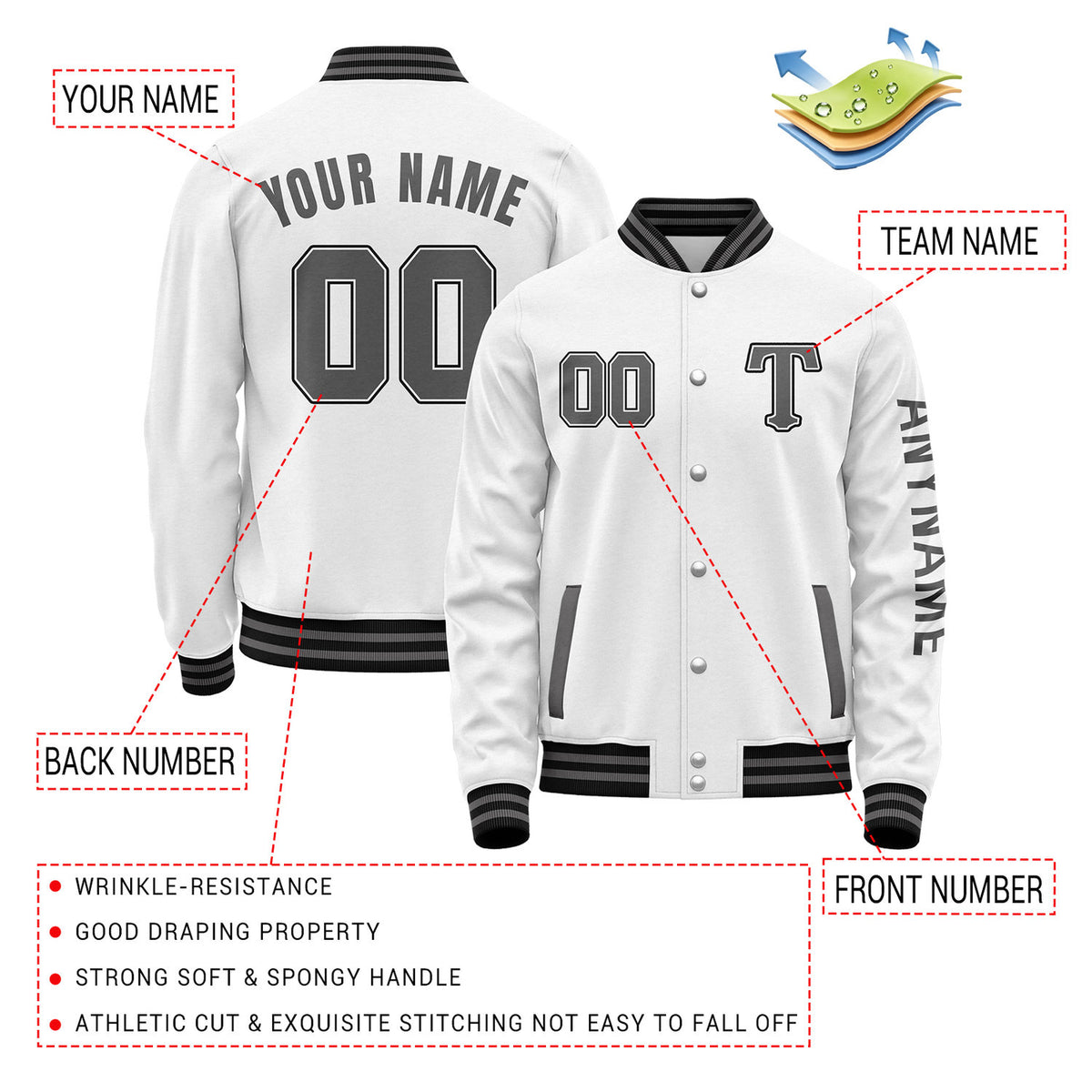 Custom White & Grey Varsity Letterman Jacket | Personalized Baseball Bomber Coat for Adult & Youth