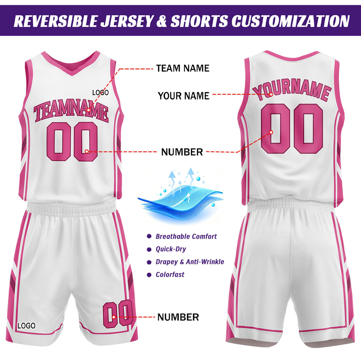 Custom White & Hot Pink Reversible Basketball Uniform Set | Personalized Name Number Sports Jersey Shorts Kit