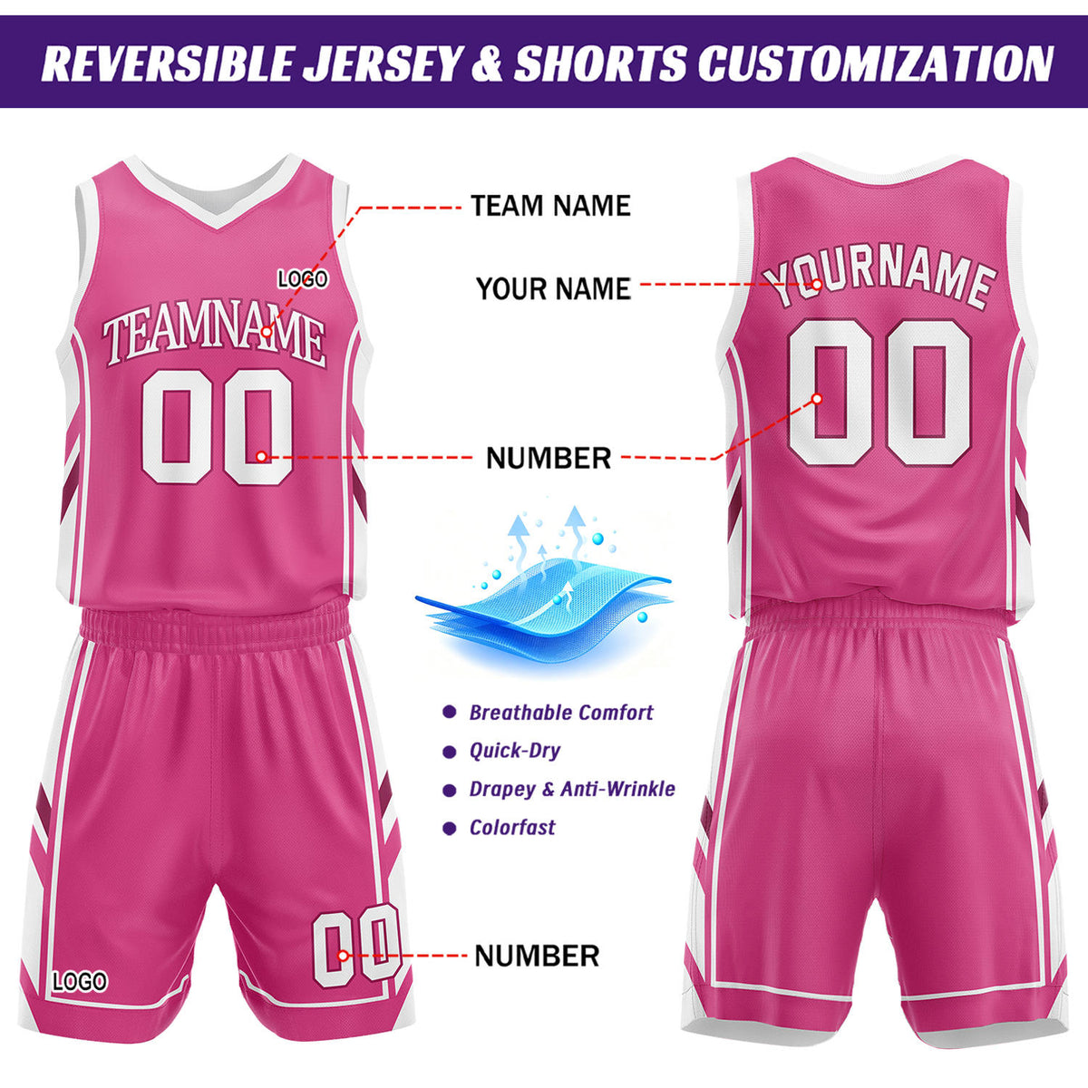 Custom White & Hot Pink Reversible Basketball Uniform Set | Personalized Name Number Sports Jersey Shorts Kit