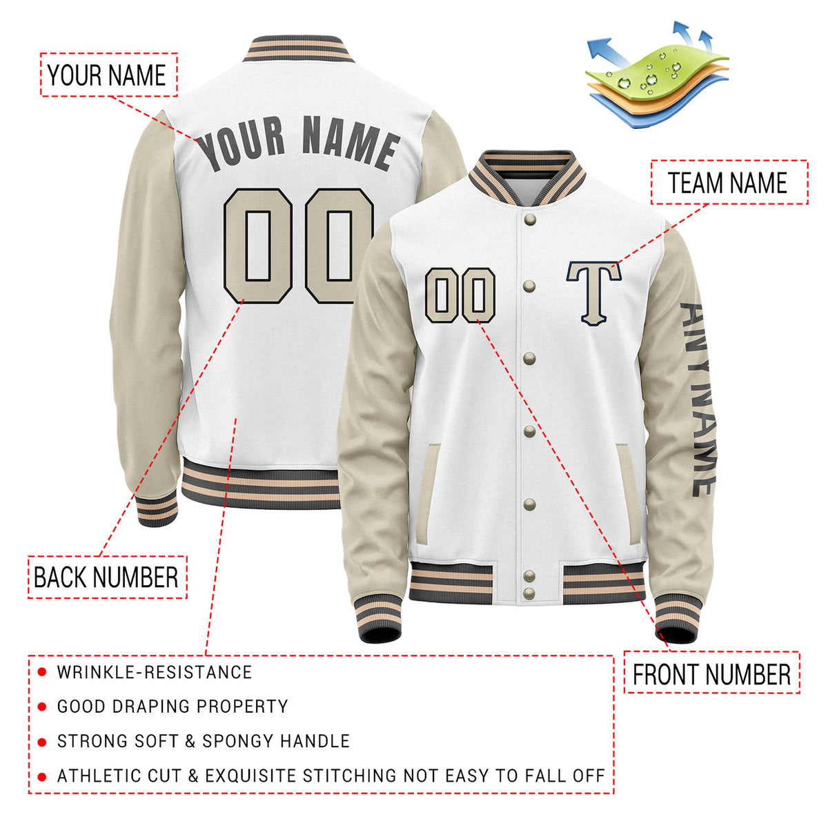 Custom White & Khaki Varsity Letterman Jacket | Personalized Baseball Bomber Coat for Adult & Youth