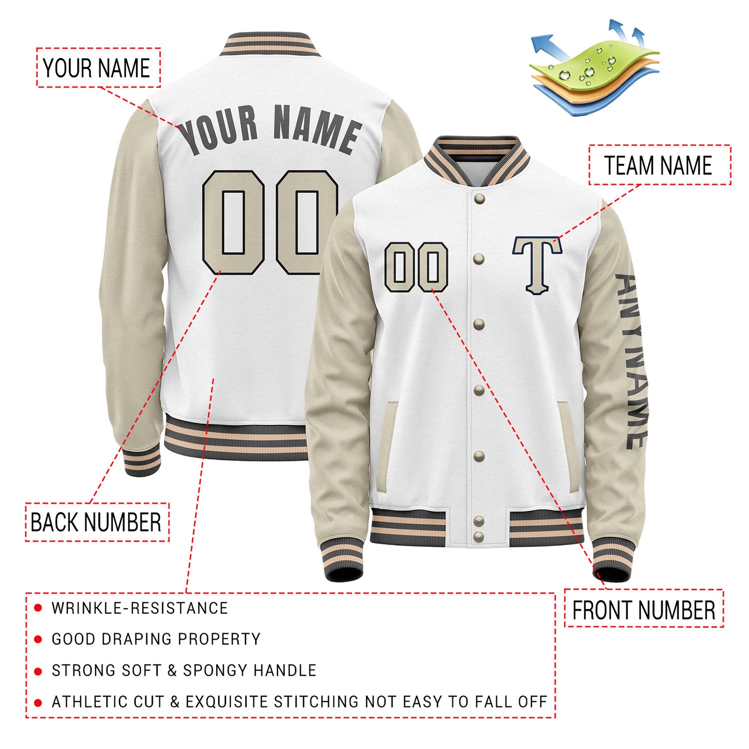 Custom White & Khaki Varsity Letterman Jacket | Personalized Baseball Bomber Coat for Adult & Youth