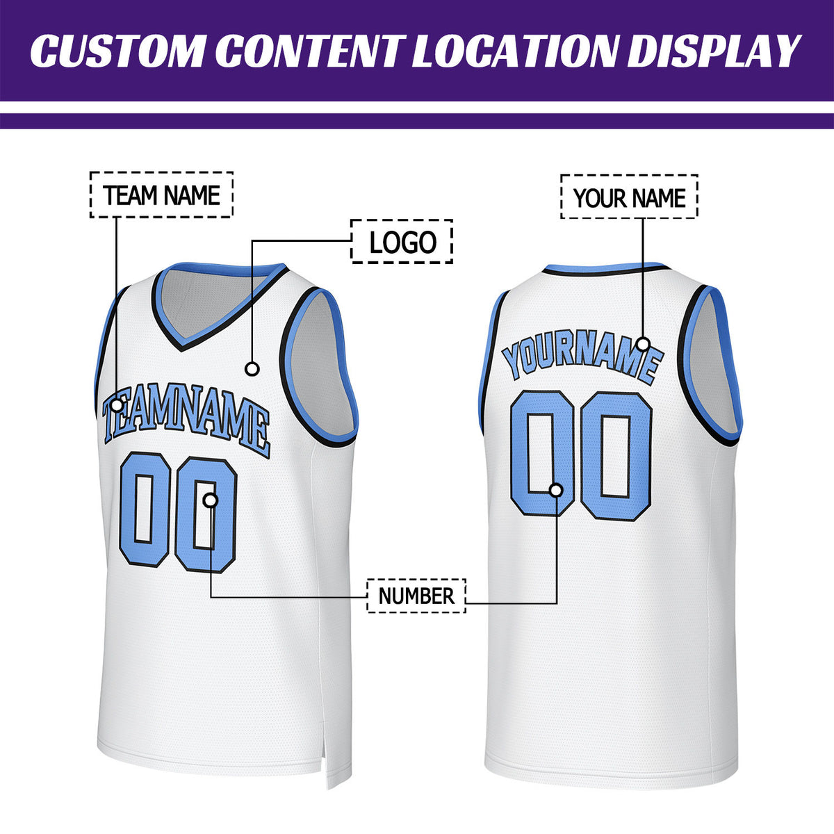 Custom White & Light Blue Basketball Jersey | Personalized Name & Number Team Uniform