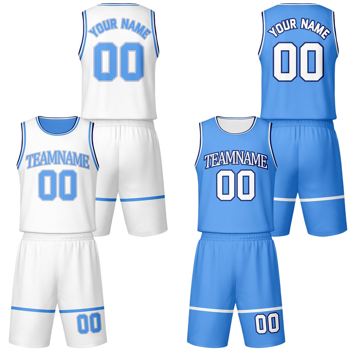 Custom white & light blue reversible basketball jersey shorts set by Vosoli | Personalized team name number vintage uniform sportswear