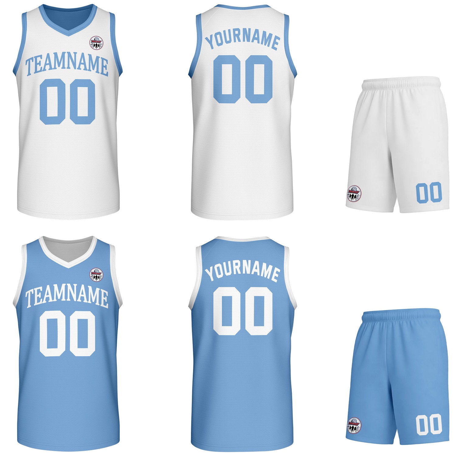 Custom light blue & white Reversible basketball uniform set, personalized team name number logo breathable mesh jersey and shorts men women youth game practice - Vosoli