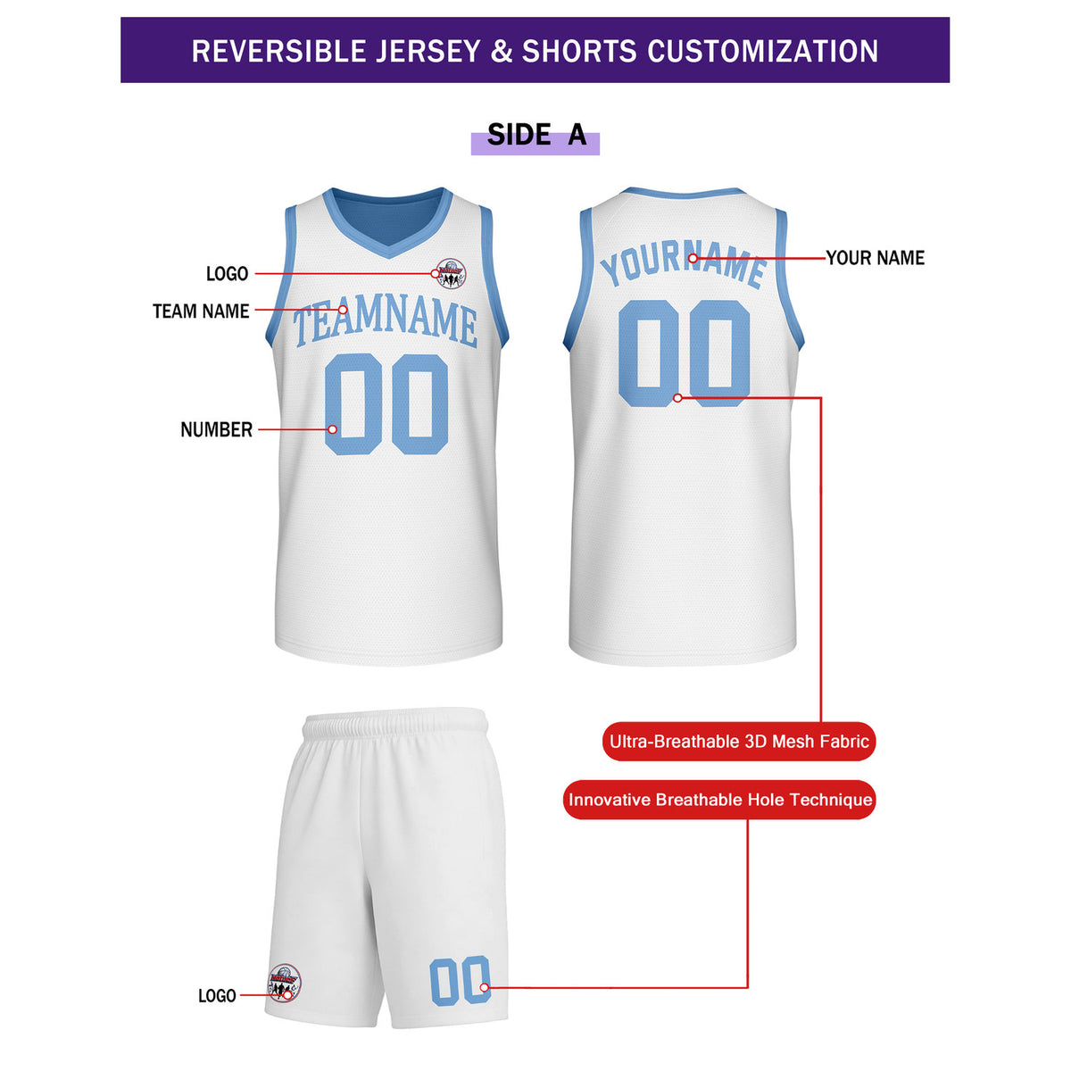 Custom White & Light Blue Reversible Basketball Uniform Set | Personalized Team Name & Number - Vosoli