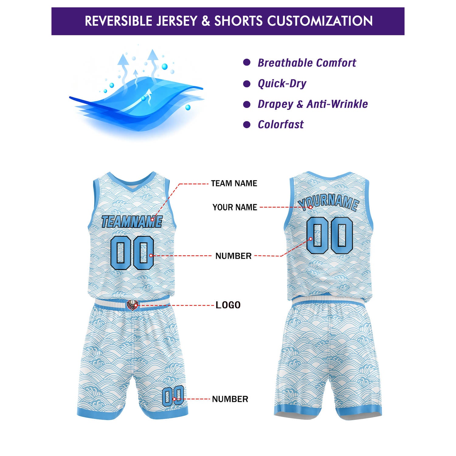 Custom White Light Blue Wave Basketball Uniform | Personalized Team Kit - Vosoli
