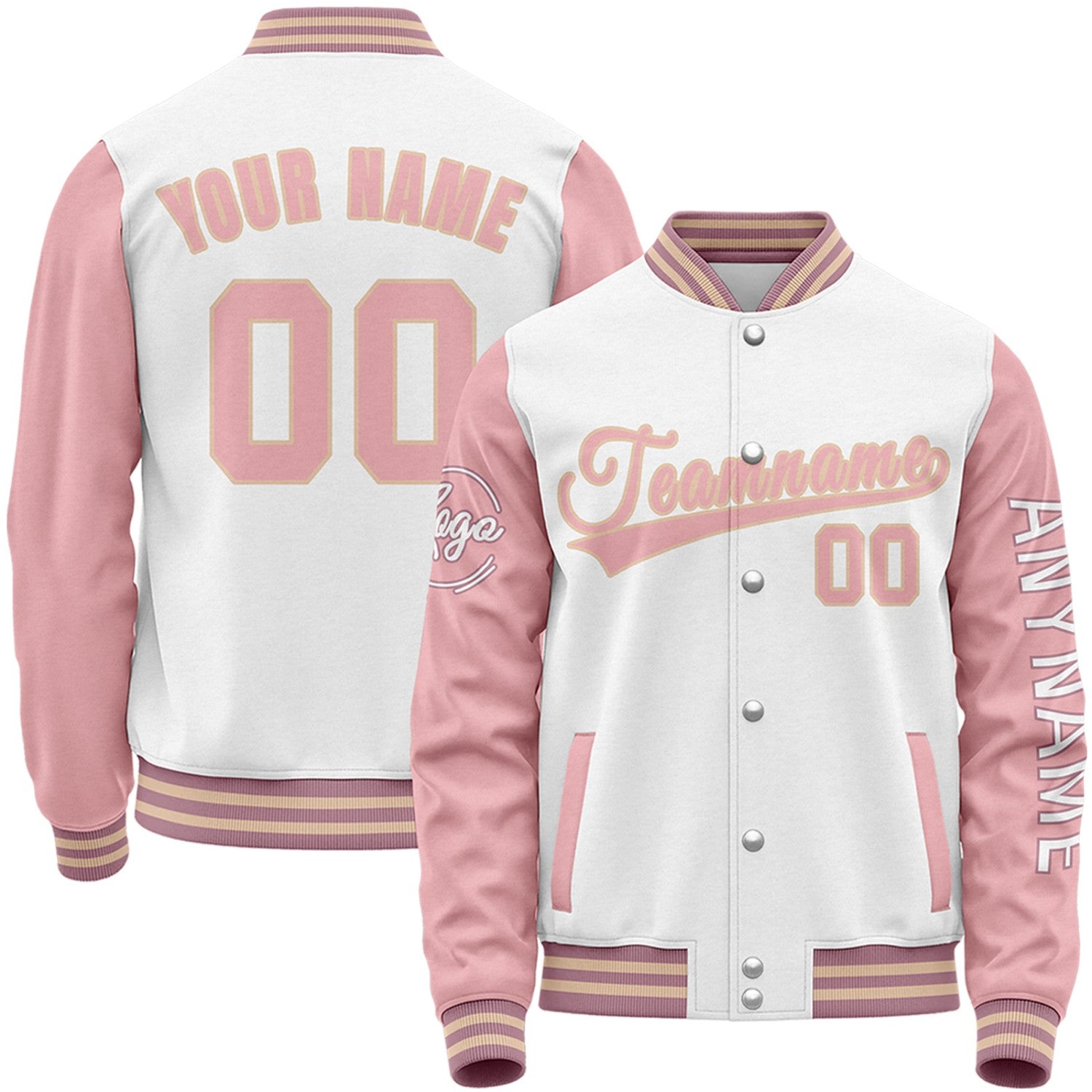 Custom white and light pink baseball outerwear by Vosoli with stitched name, number and logo. Classic varsity jacket for baseball and casual wear.