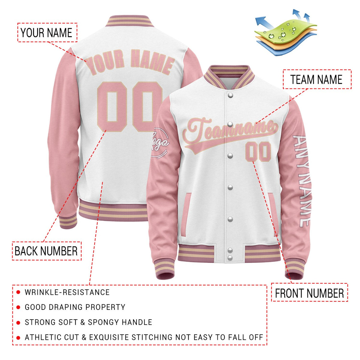 Custom White & Light Pink Two Tone Varsity Letterman Jacket | Personalized Stitched Team Name Number Outerwear