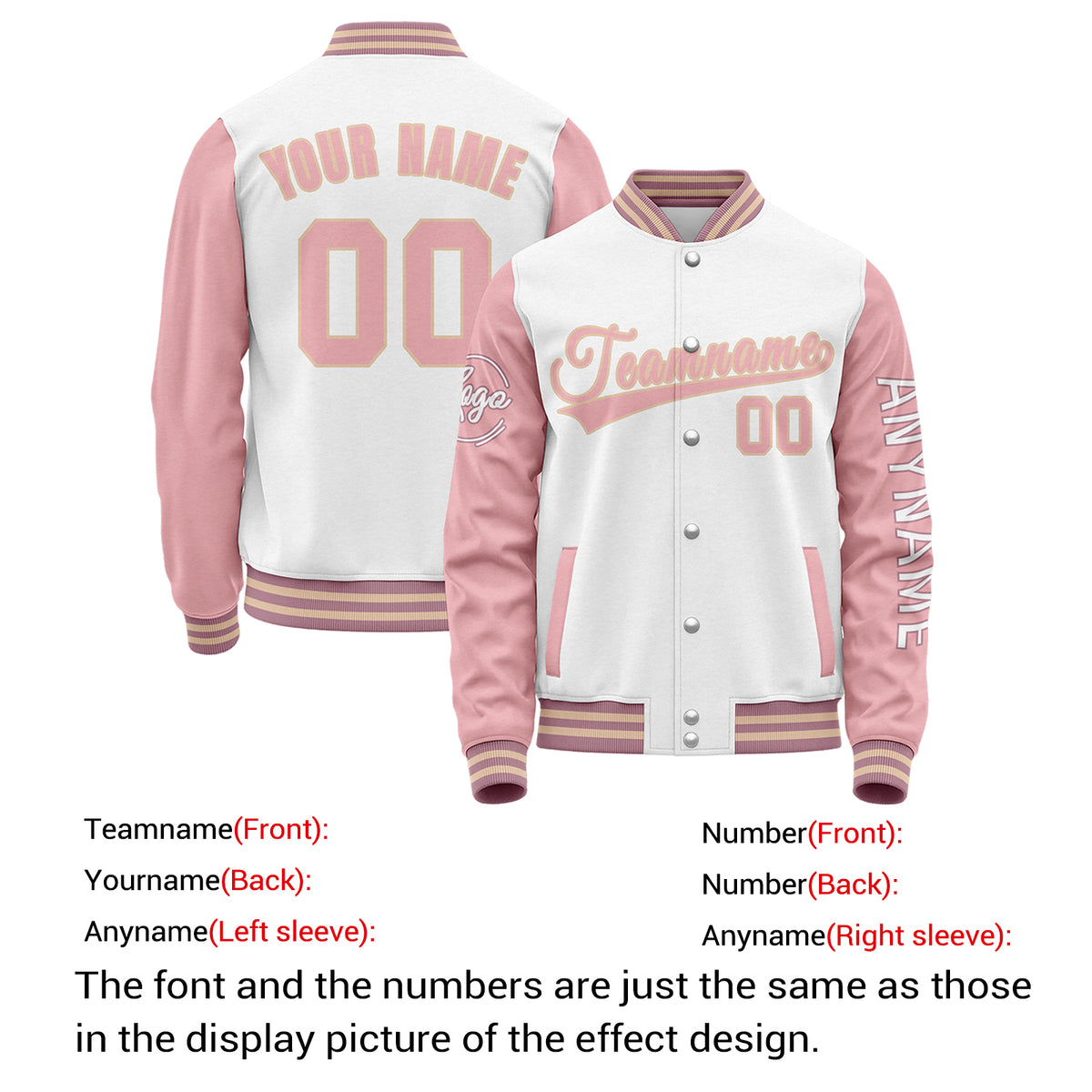 Custom White & Light Pink Two Tone Varsity Letterman Jacket | Personalized Stitched Team Name Number Outerwear