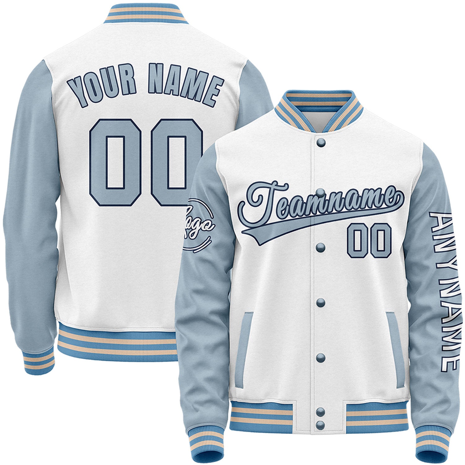 Custom white and light blue baseball jackets for high school teams by Vosoli with stitched name, number and logo. Classic varsity jacket for baseball and casual wear.
