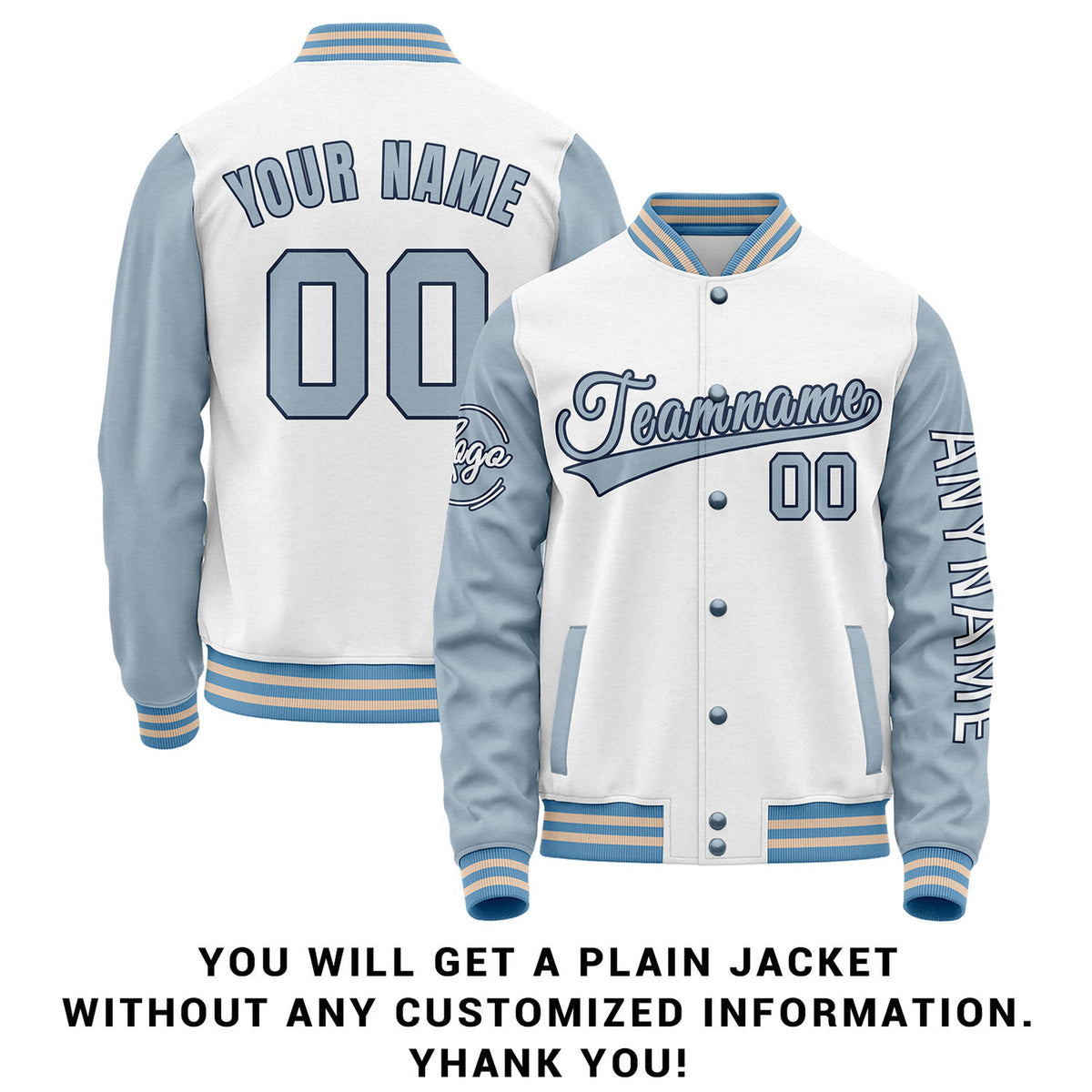 Custom White & Light Blue Two Tone Varsity Letterman Jacket | Personalized Stitched Team Name Number Outerwear