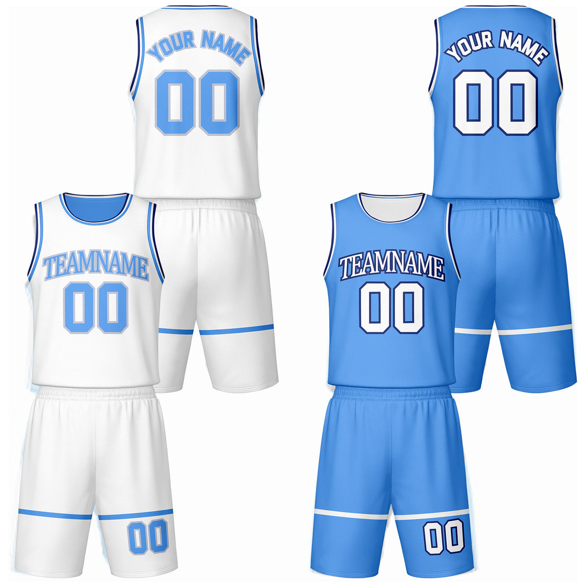 Custom white &amp; light blue reversible basketball jersey shorts set by Vosoli | Personalized team name number vintage uniform sportswear