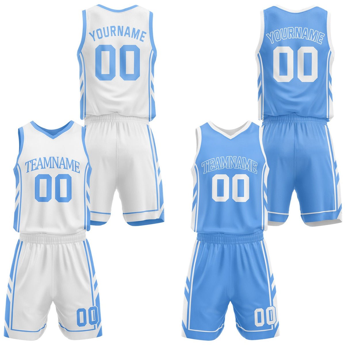 Custom white &amp; light blue reversible basketball uniform set by Vosoli | Personalized team name, number &amp; logo | Breathable mesh jersey and shorts sport set