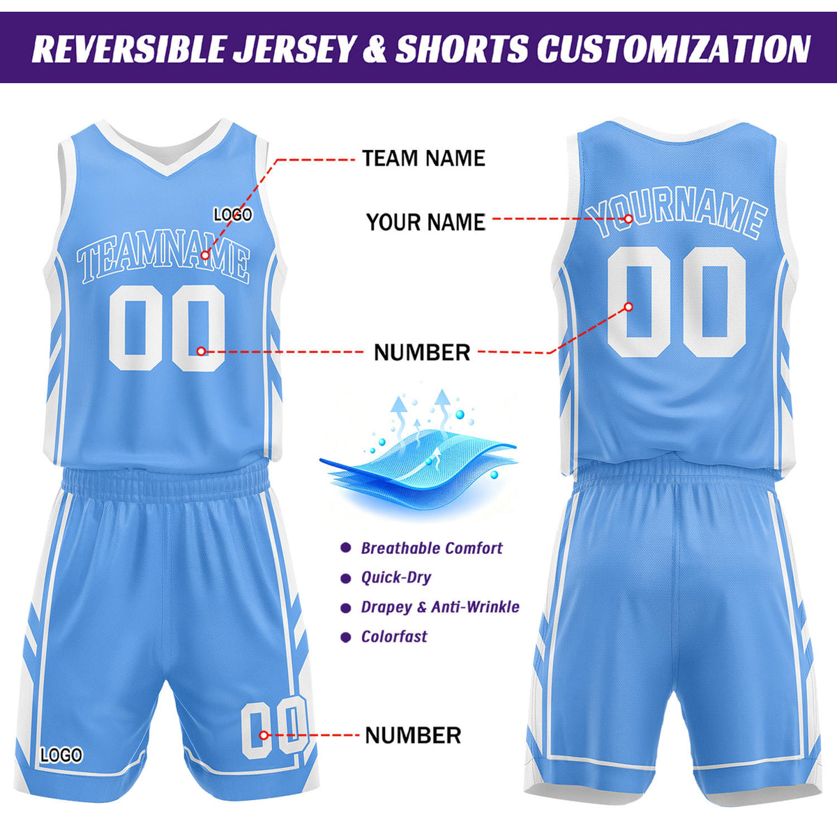 Custom White & Light Blue Reversible Basketball Uniform Set | Personalized Name Number Sports Jersey Shorts Kit