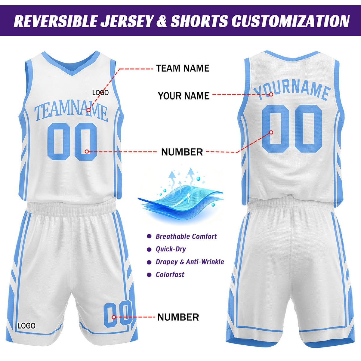 Custom White & Light Blue Reversible Basketball Uniform Set | Personalized Name Number Sports Jersey Shorts Kit