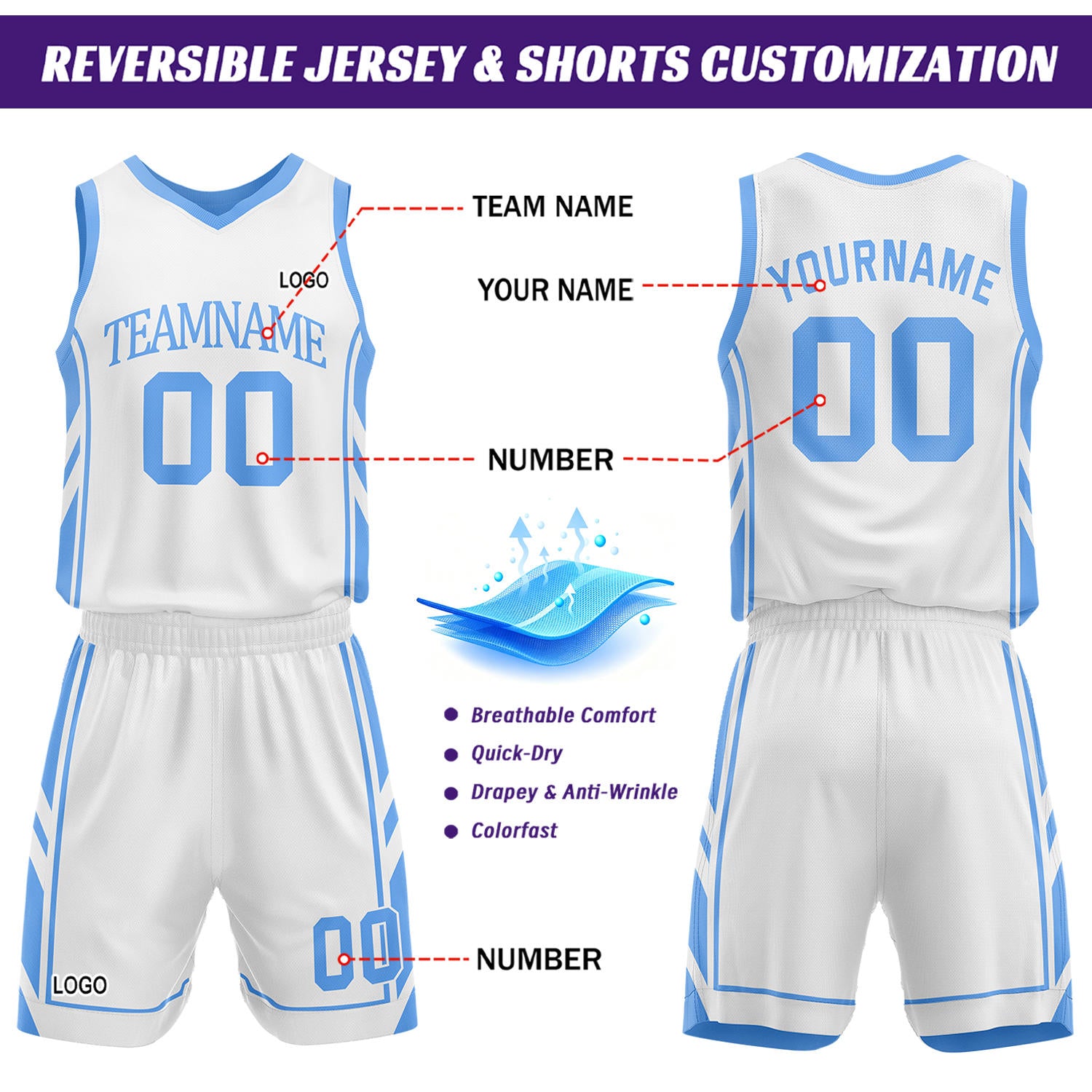 Custom White & Light Blue Reversible Basketball Uniform Set | Personalized Name Number Sports Jersey Shorts Kit
