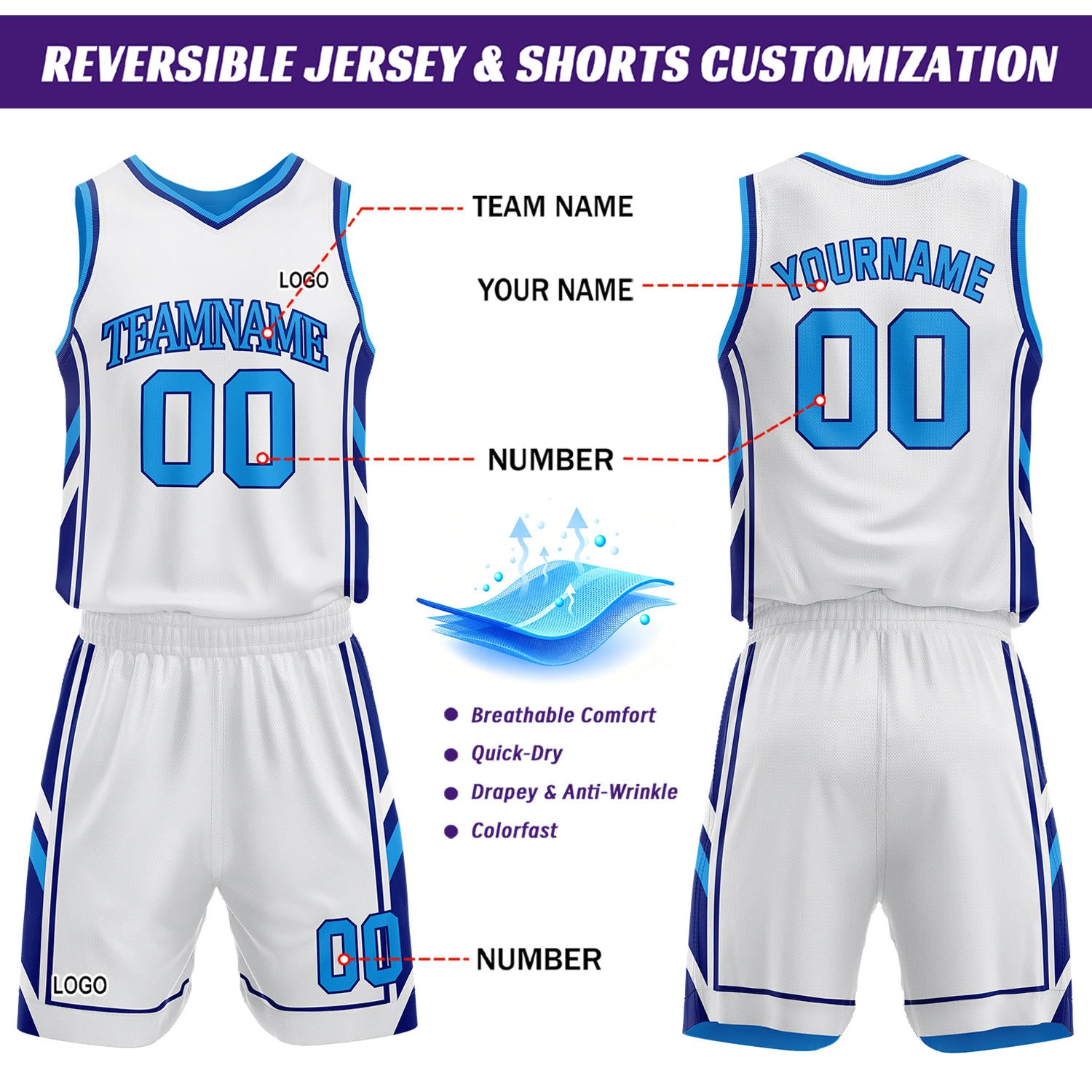 Custom White & Light Blue Reversible Basketball Uniform Set | Personalized Name Number Sports Jersey Shorts Kit