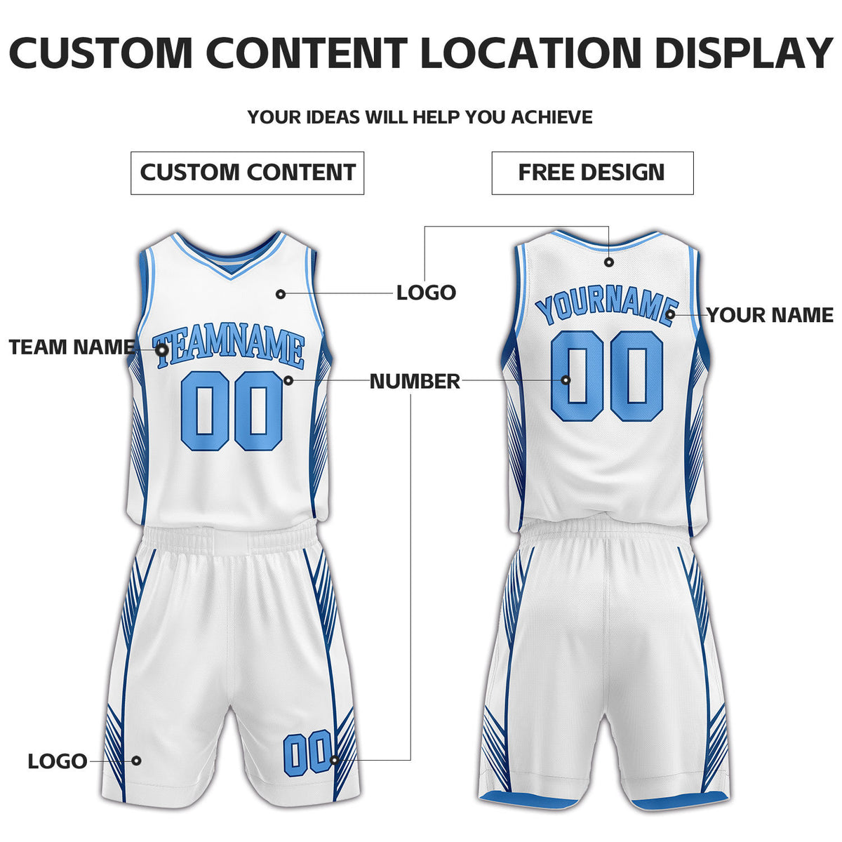 Custom White & Light Blue Reversible Basketball Uniform Set | Personalized Name Number Sports Jersey Shorts Kit