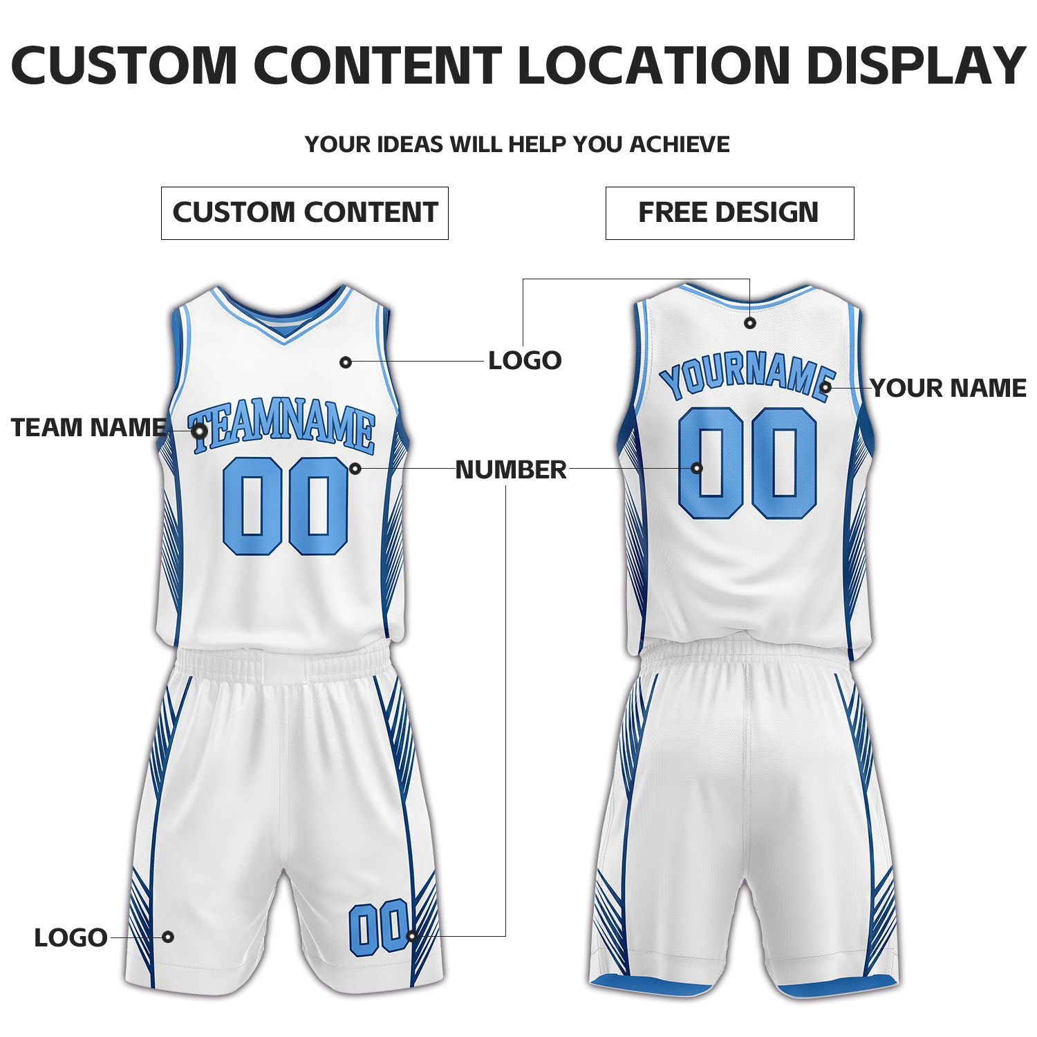 Custom White & Light Blue Reversible Basketball Uniform Set | Personalized Name Number Sports Jersey Shorts Kit