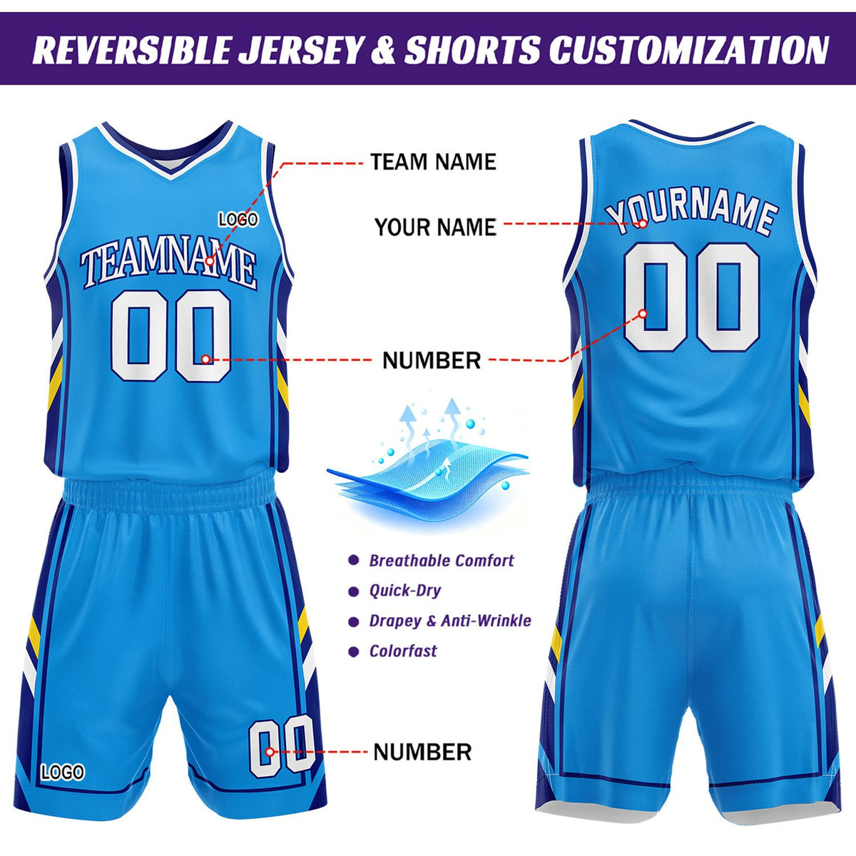 Custom White & Light Blue Reversible Basketball Uniform Set | Personalized Name Number Sports Jersey Shorts Kit
