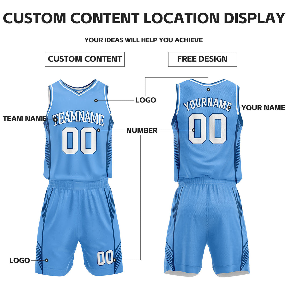 Custom White & Light Blue Reversible Basketball Uniform Set | Personalized Name Number Sports Jersey Shorts Kit