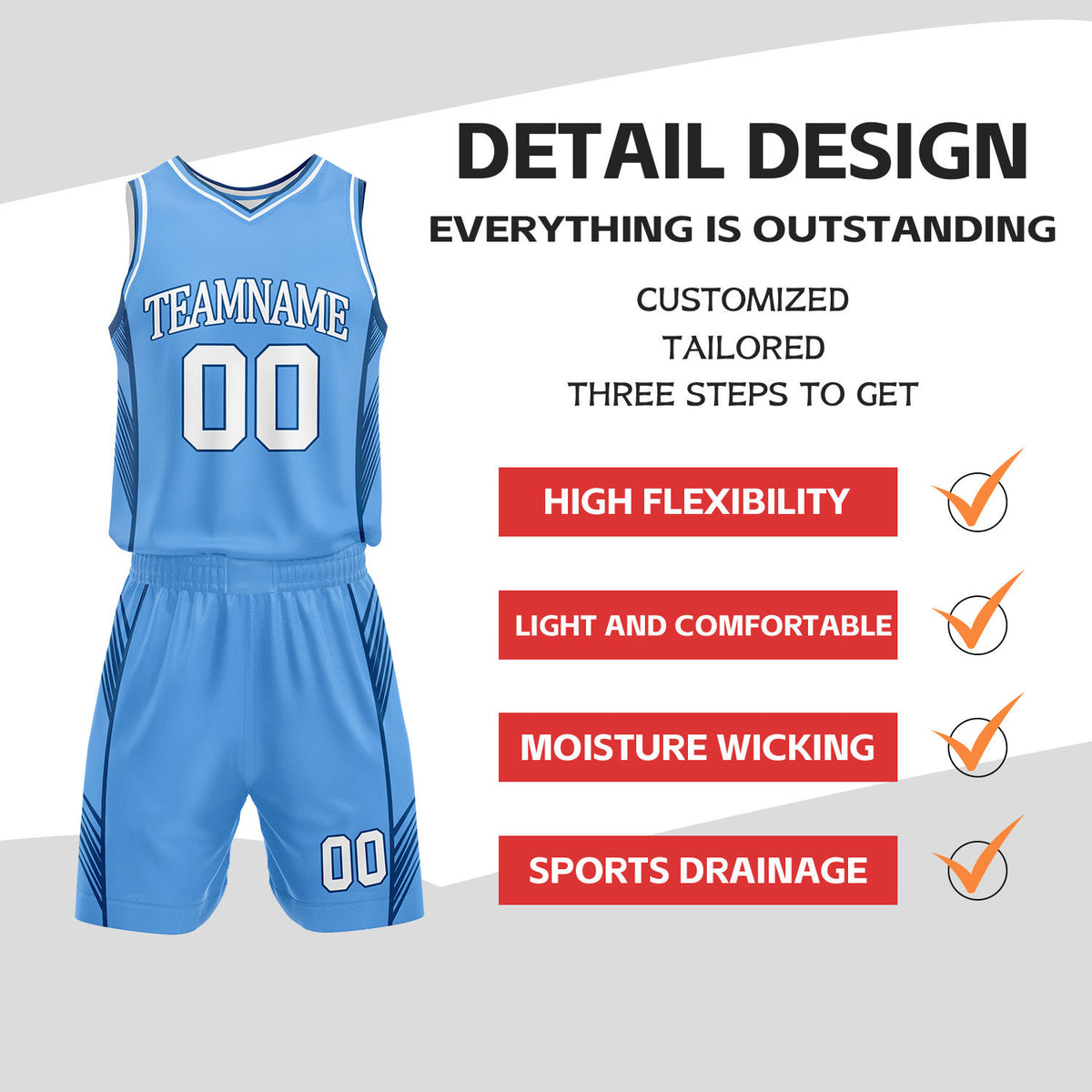 Custom White & Light Blue Reversible Basketball Uniform Set | Personalized Name Number Sports Jersey Shorts Kit