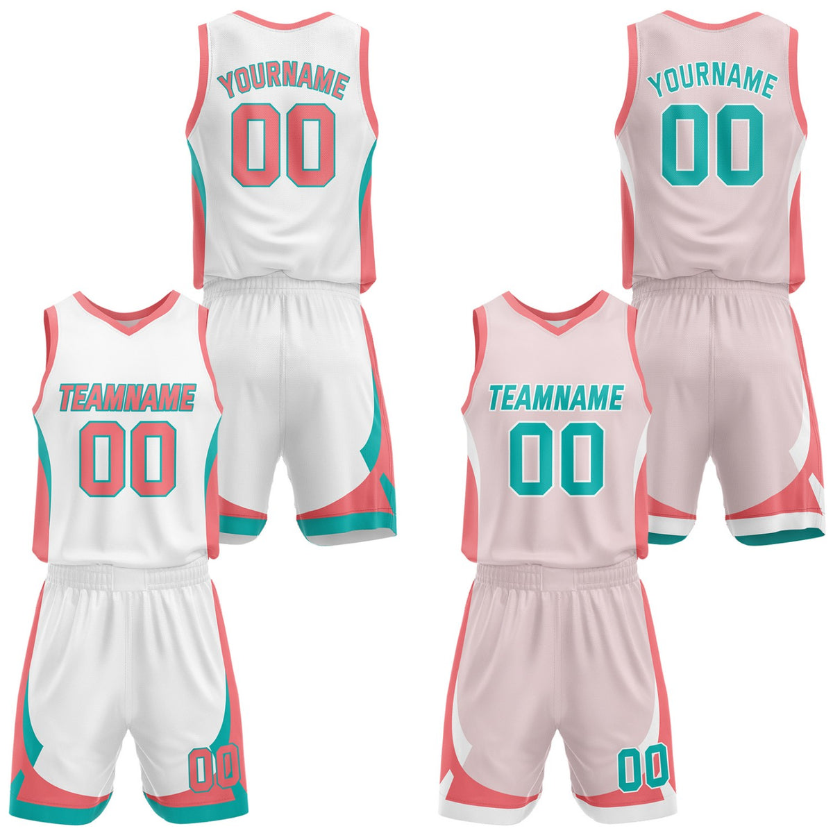 Custom white &amp; light pink reversible basketball jersey set with shorts by Vosoli | Personalized team name, number &amp; logo | Breathable mesh sport jersey uniform