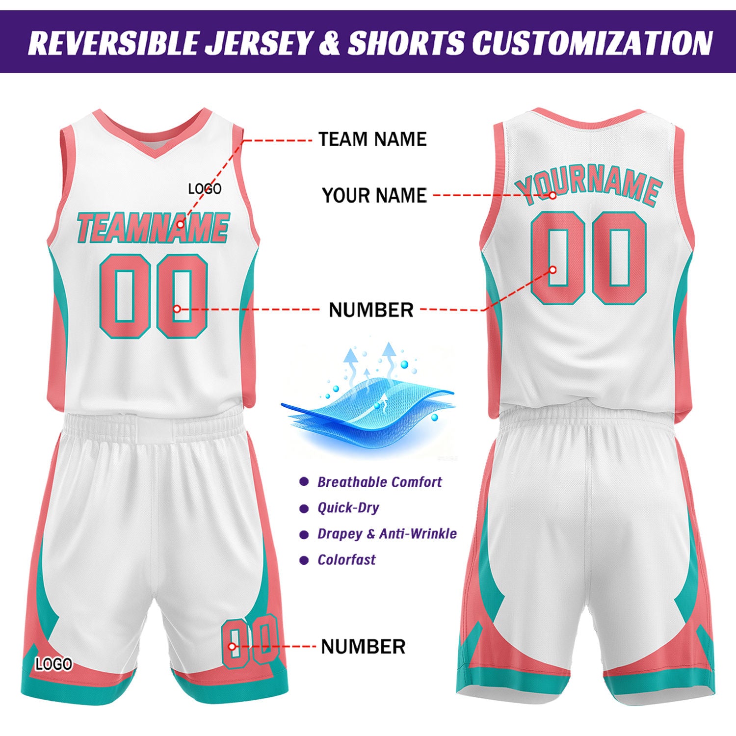 Custom White Light Pink Reversible Basketball Jersey Set | Personalized Name Number Mesh Sports Uniform