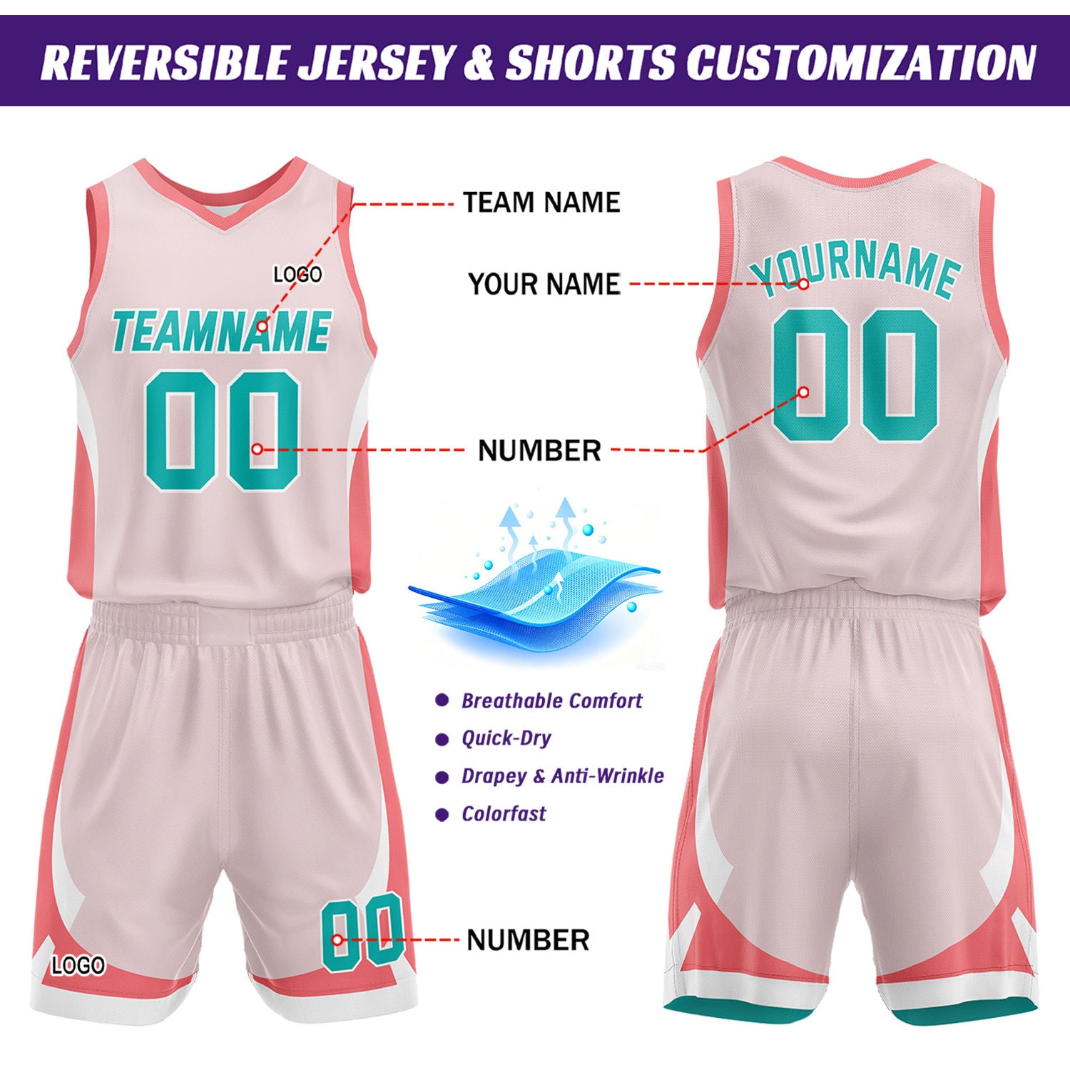 Custom White Light Pink Reversible Basketball Jersey Set | Personalized Name Number Mesh Sports Uniform