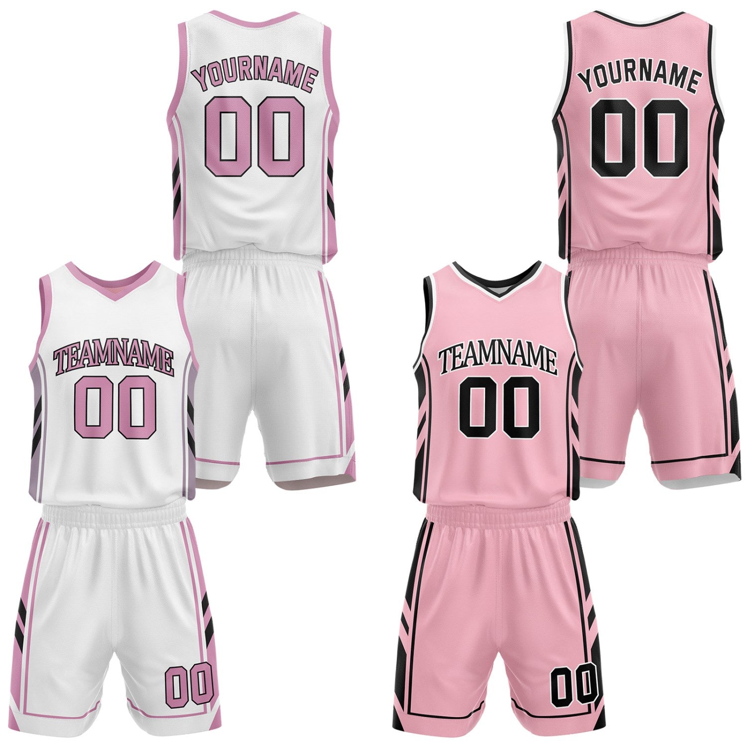 Custom white & light pink reversible basketball uniform set by Vosoli | Personalized team name, number & logo | Breathable mesh jersey and shorts sport set