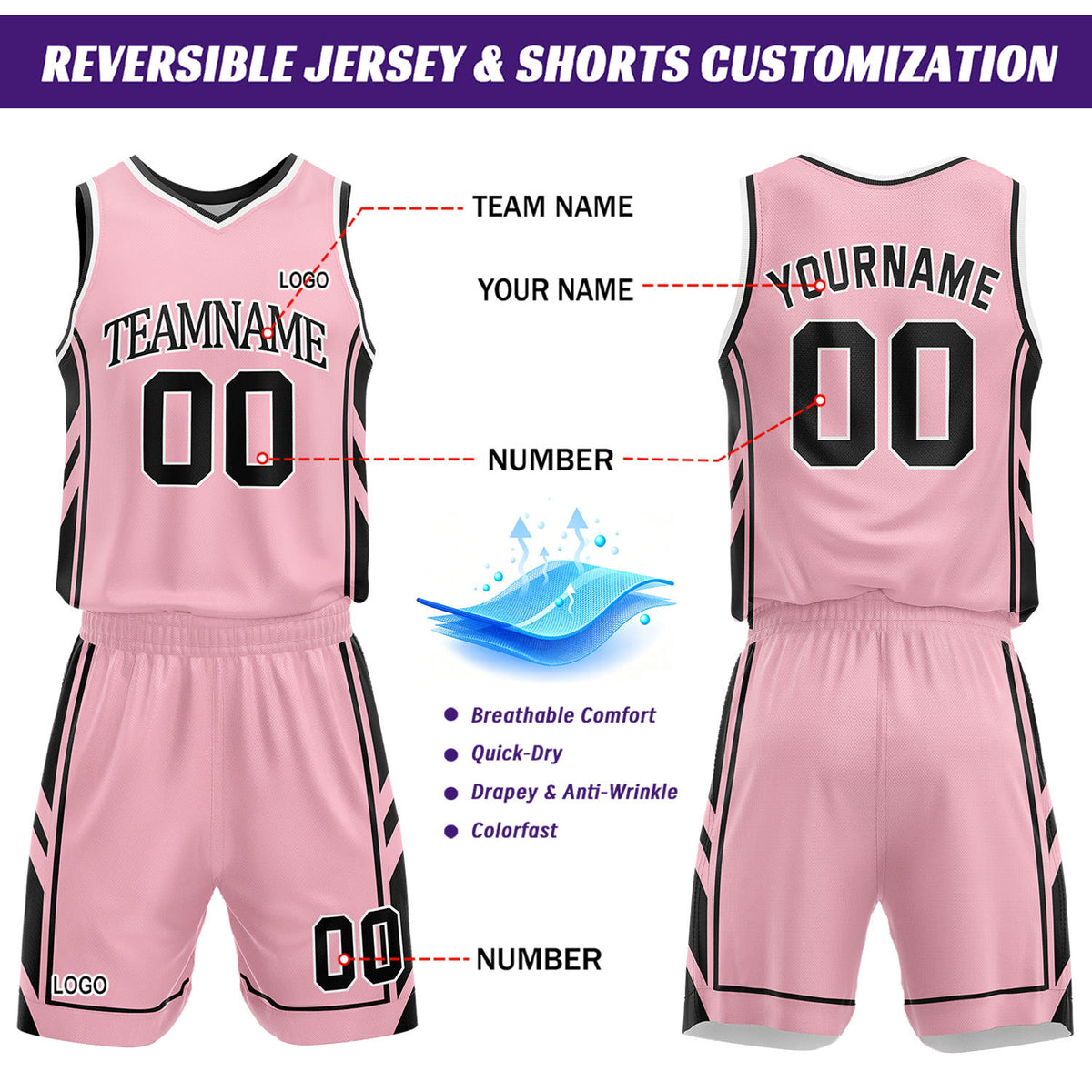 Custom White & Light Pink Reversible Basketball Uniform Set | Personalized Name Number Sports Jersey Shorts Kit