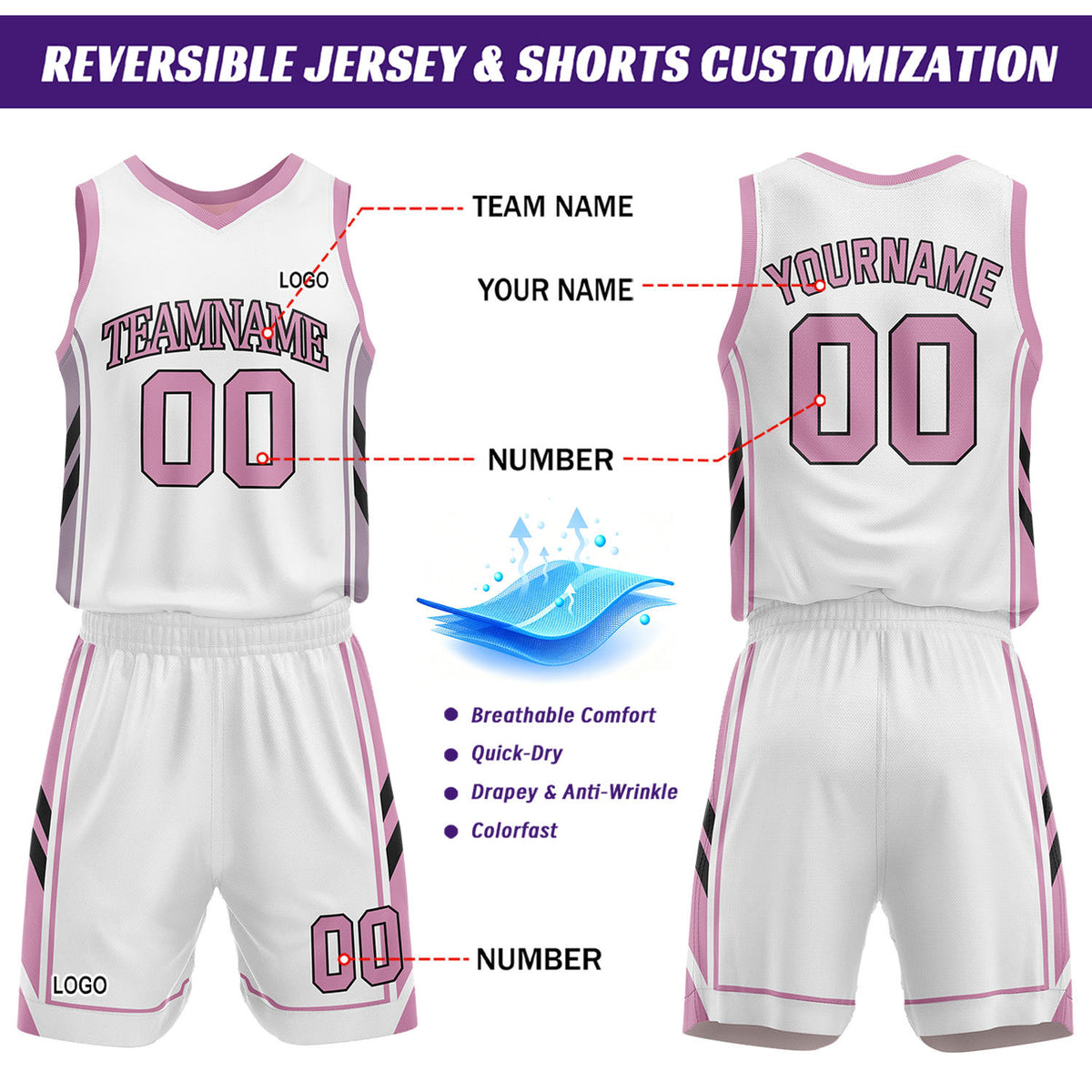 Custom White & Light Pink Reversible Basketball Uniform Set | Personalized Name Number Sports Jersey Shorts Kit