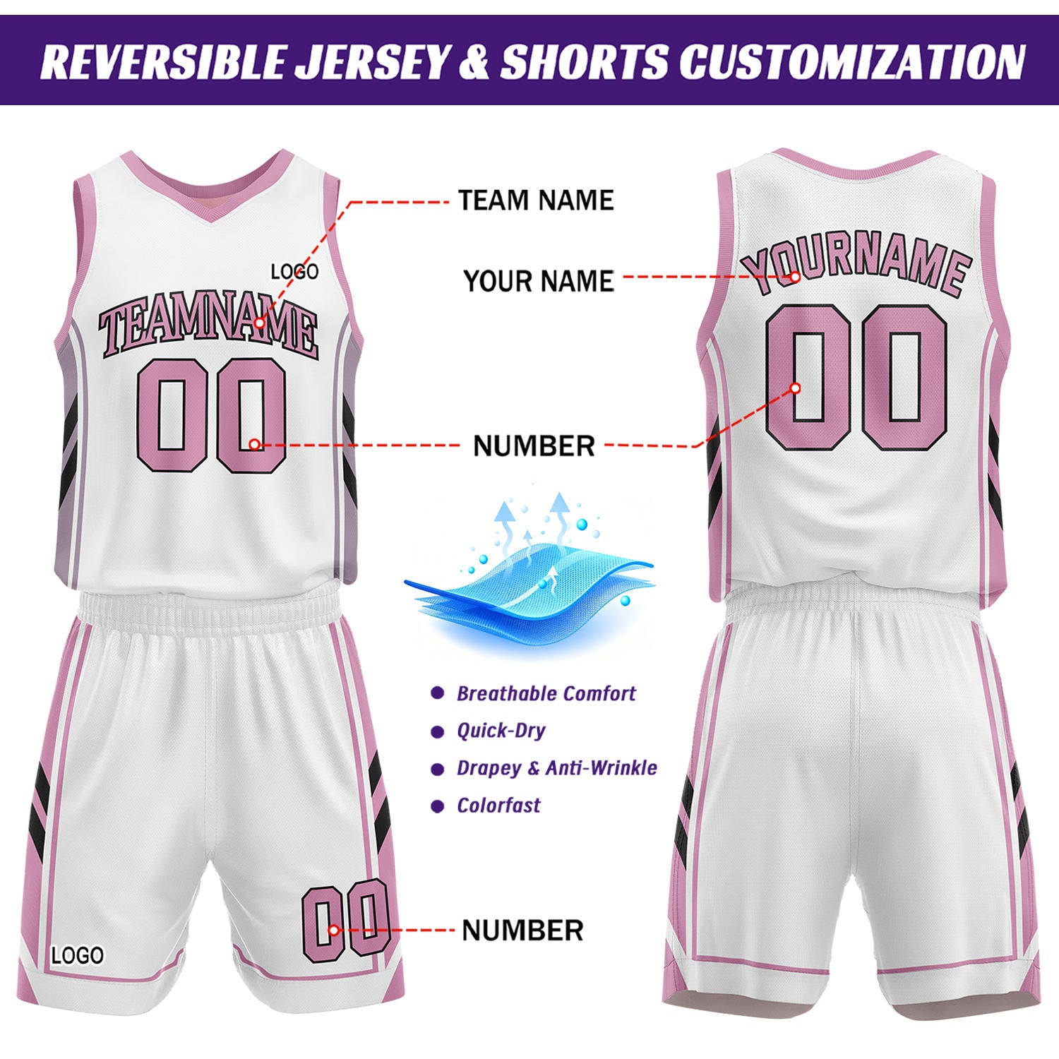 Custom White & Light Pink Reversible Basketball Uniform Set | Personalized Name Number Sports Jersey Shorts Kit