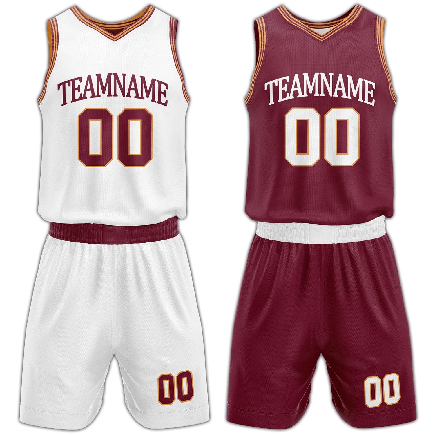 Custom white and maroon reversible basketball uniform by Vosoli. Personalized with team name, number, and logo. Breathable mesh jersey and shorts for high school, college, and AAU teams.