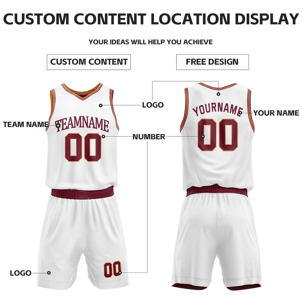 Custom White & Maroon Reversible Basketball Uniform Set | Personalized Name Number Sports Jersey Shorts Kit