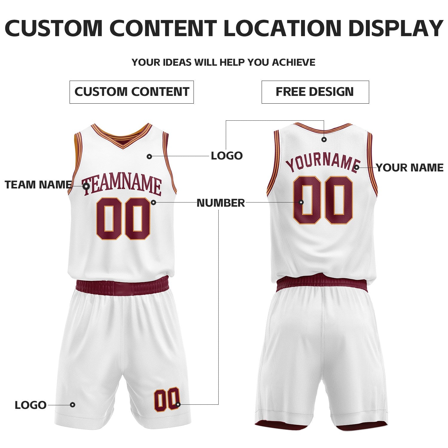 Custom White & Maroon Reversible Basketball Uniform Set | Personalized Name Number Sports Jersey Shorts Kit
