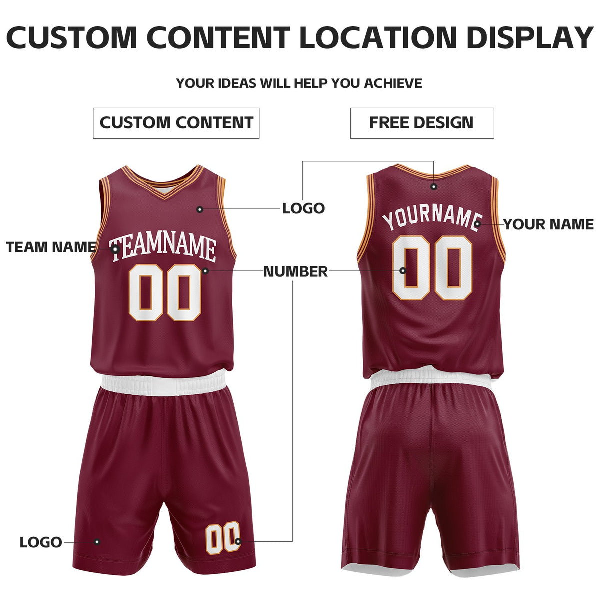 Custom White & Maroon Reversible Basketball Uniform Set | Personalized Name Number Sports Jersey Shorts Kit