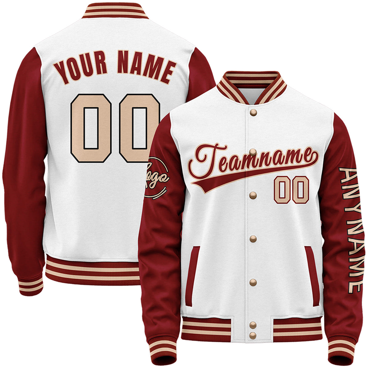 Custom white and maroon senior baseball jackets by Vosoli with stitched name, number and logo. Classic varsity jacket for baseball and casual wear.