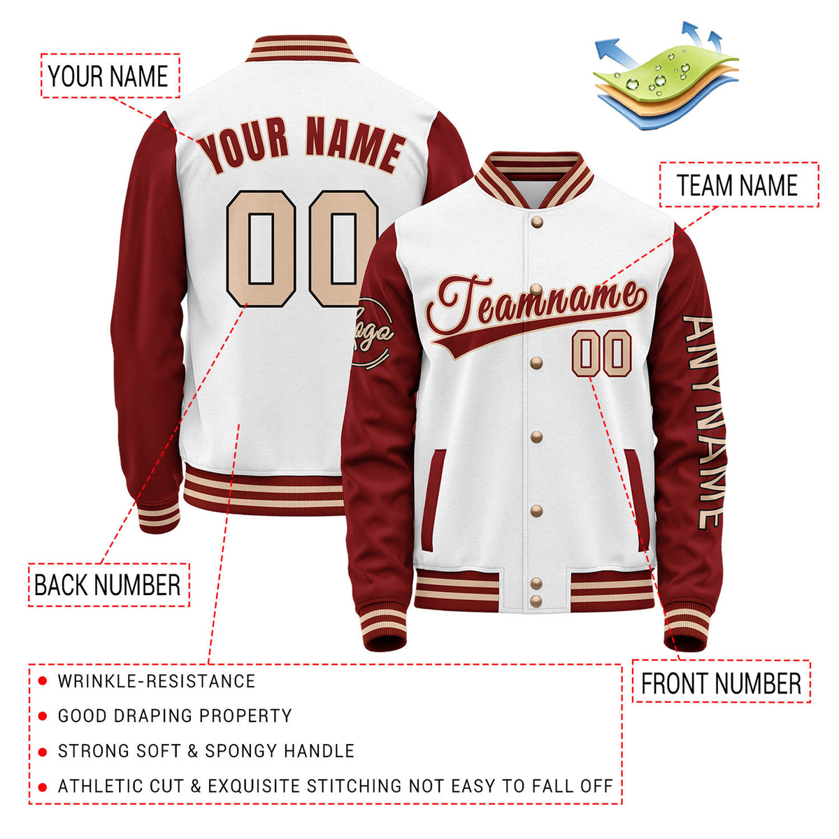 Custom White & Maroon Two Tone Varsity Letterman Jacket | Personalized Stitched Team Name Number
