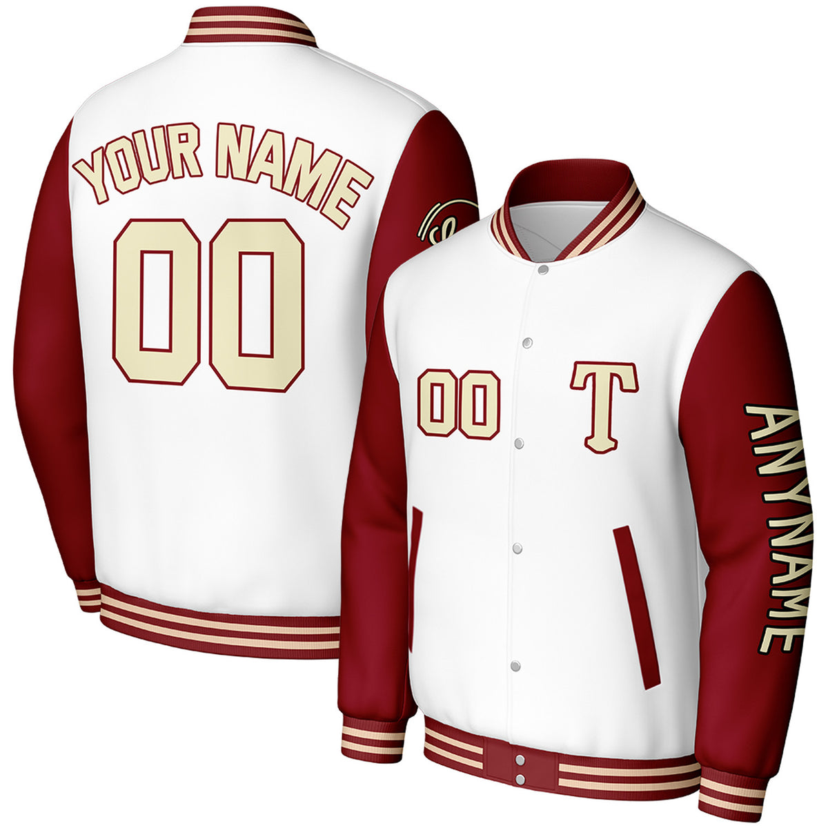 custom white maroon travel baseball team jackets by Vosoli, personalized stitched name, number &amp; logo, classic button up varsity letterman jacket for baseball travel team and casual wear