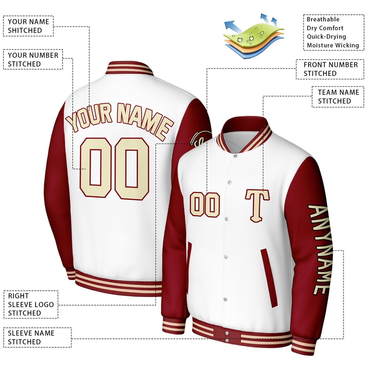 Custom White & Maroon Varsity Baseball Jacket | Personalized Letterman Baseball Bomber for Adult & Youth