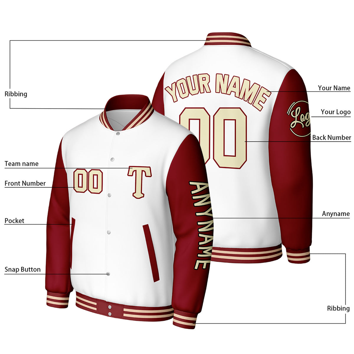 Custom White & Maroon Varsity Baseball Jacket | Personalized Letterman Baseball Bomber for Adult & Youth